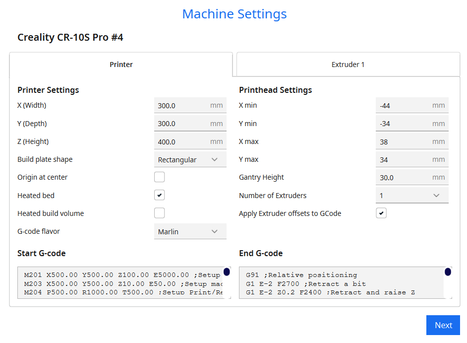 Paramètres par défaut - Page 'Printer'